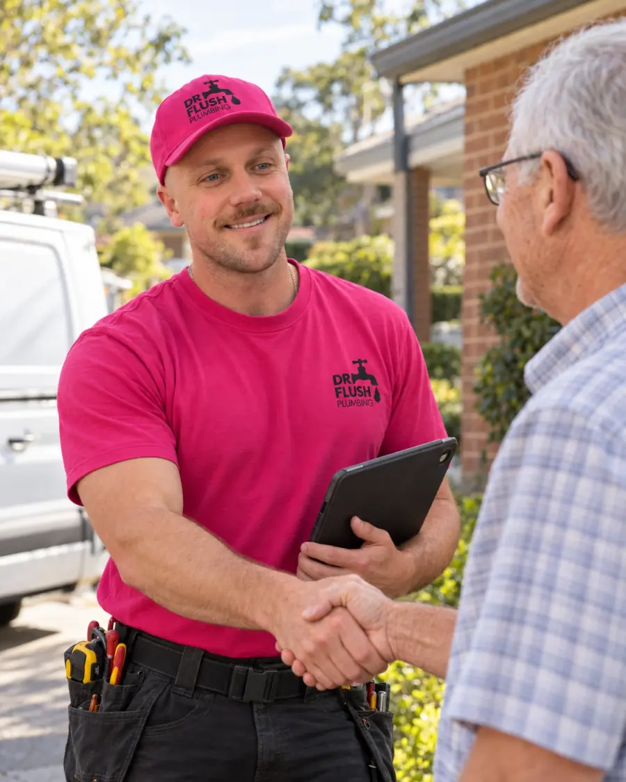 Mason from Dr Flush Plumbing shaking hands with a client and explaining the job on a tablet