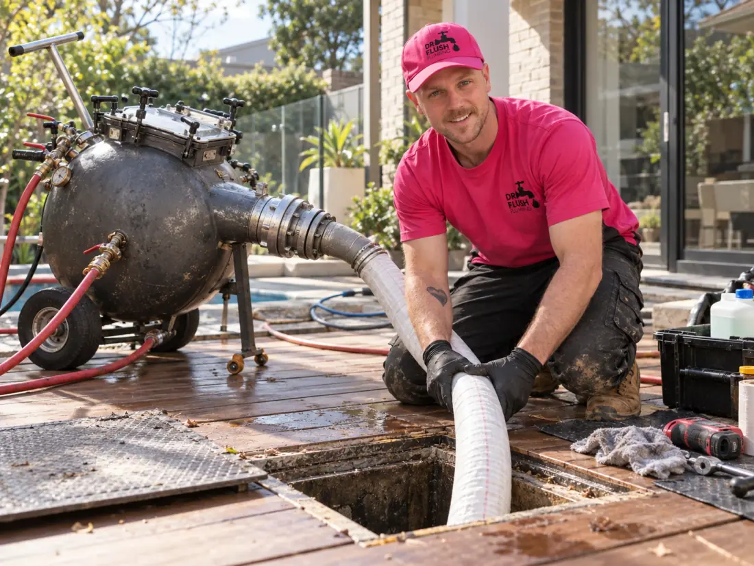 Mason from Dr Flush Plumbing clearing a drain with specialist equipment at a home