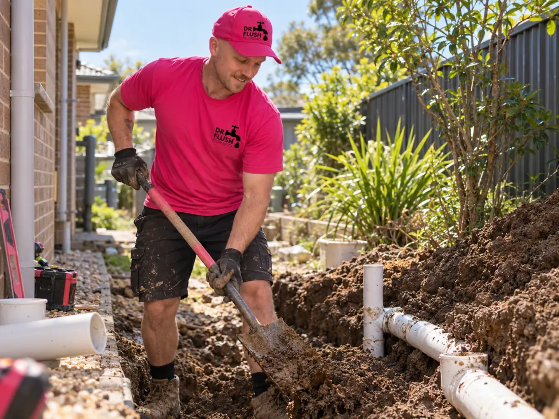 Mason from Dr Flush Plumbing digging down to expose underground pipework