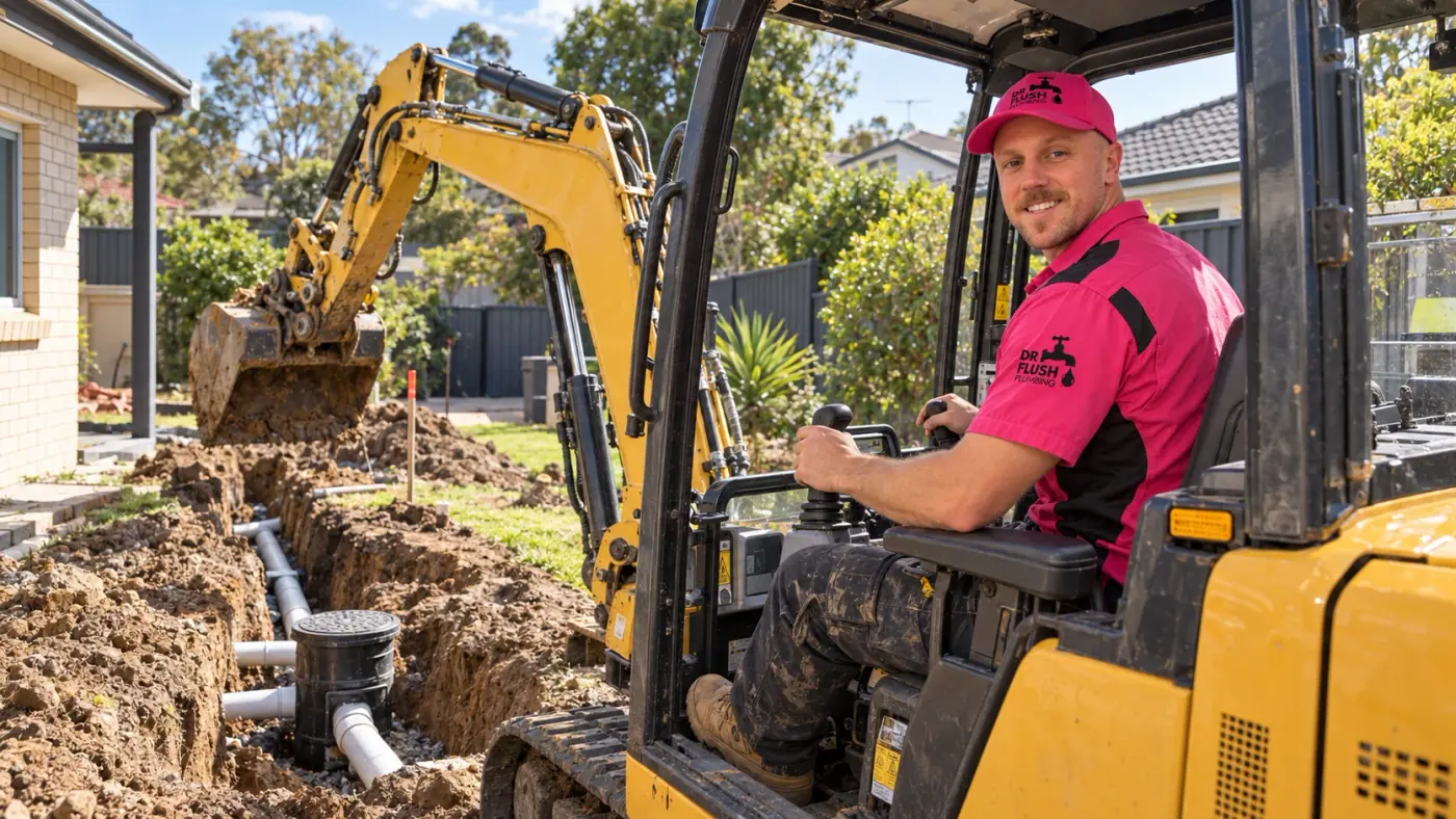 Mason operating a mini excavator beside stormwater pipework