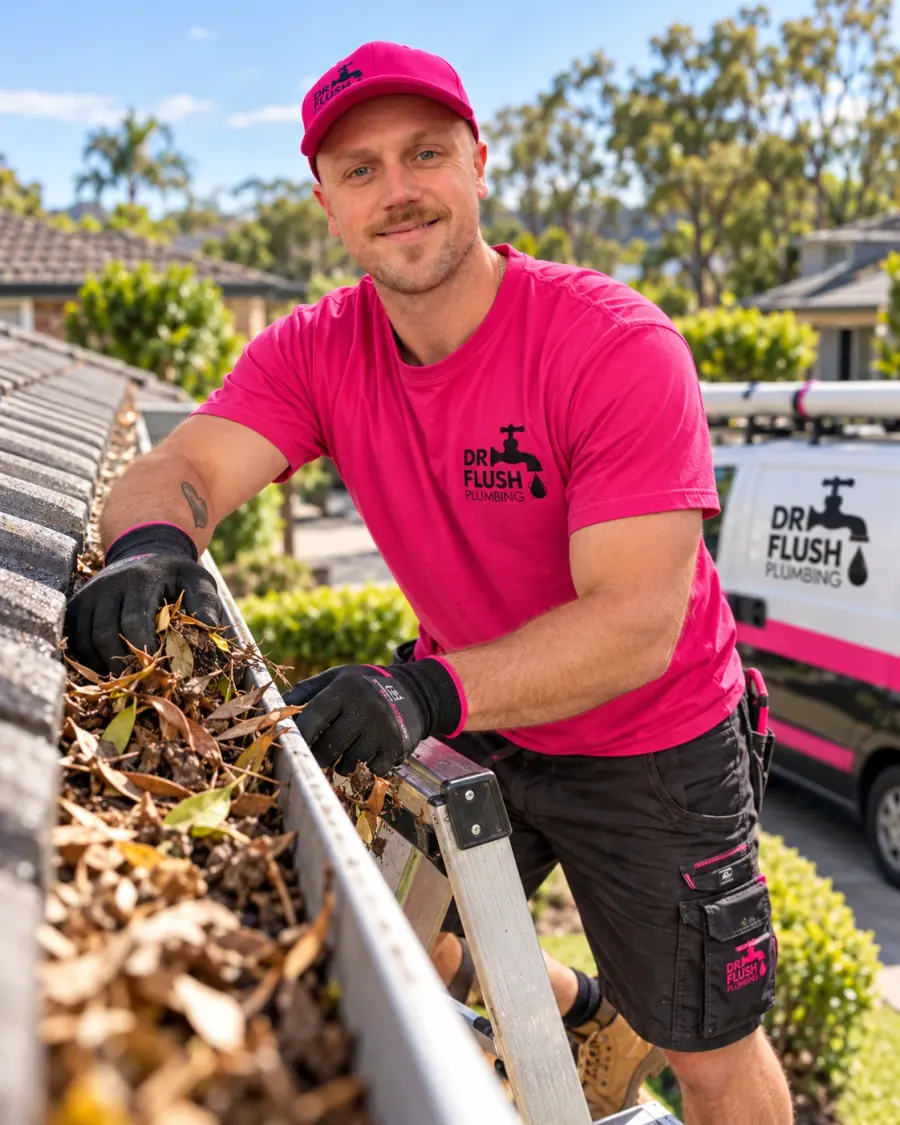 Mason clearing leaves from a gutter