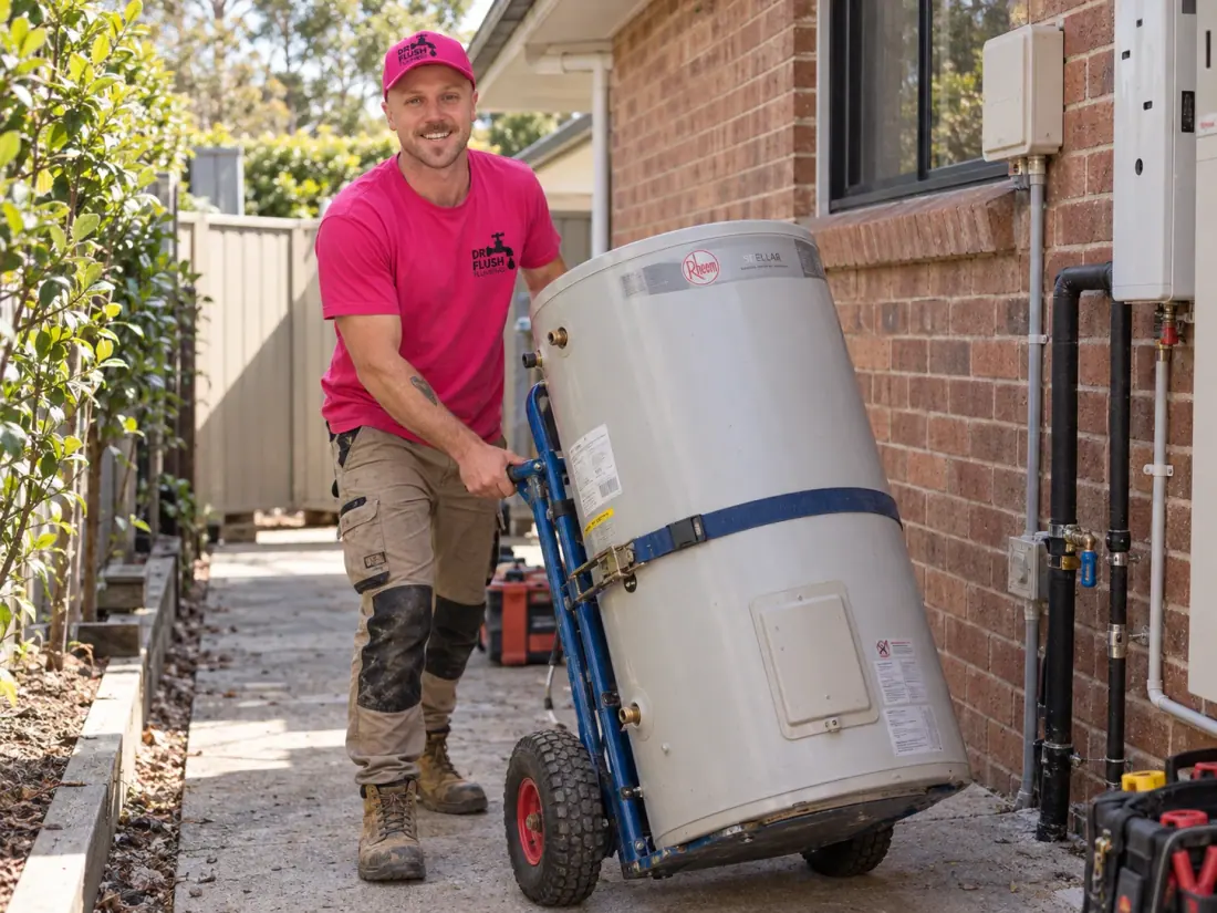 Mason delivering a hot water cylinder on a trolley
