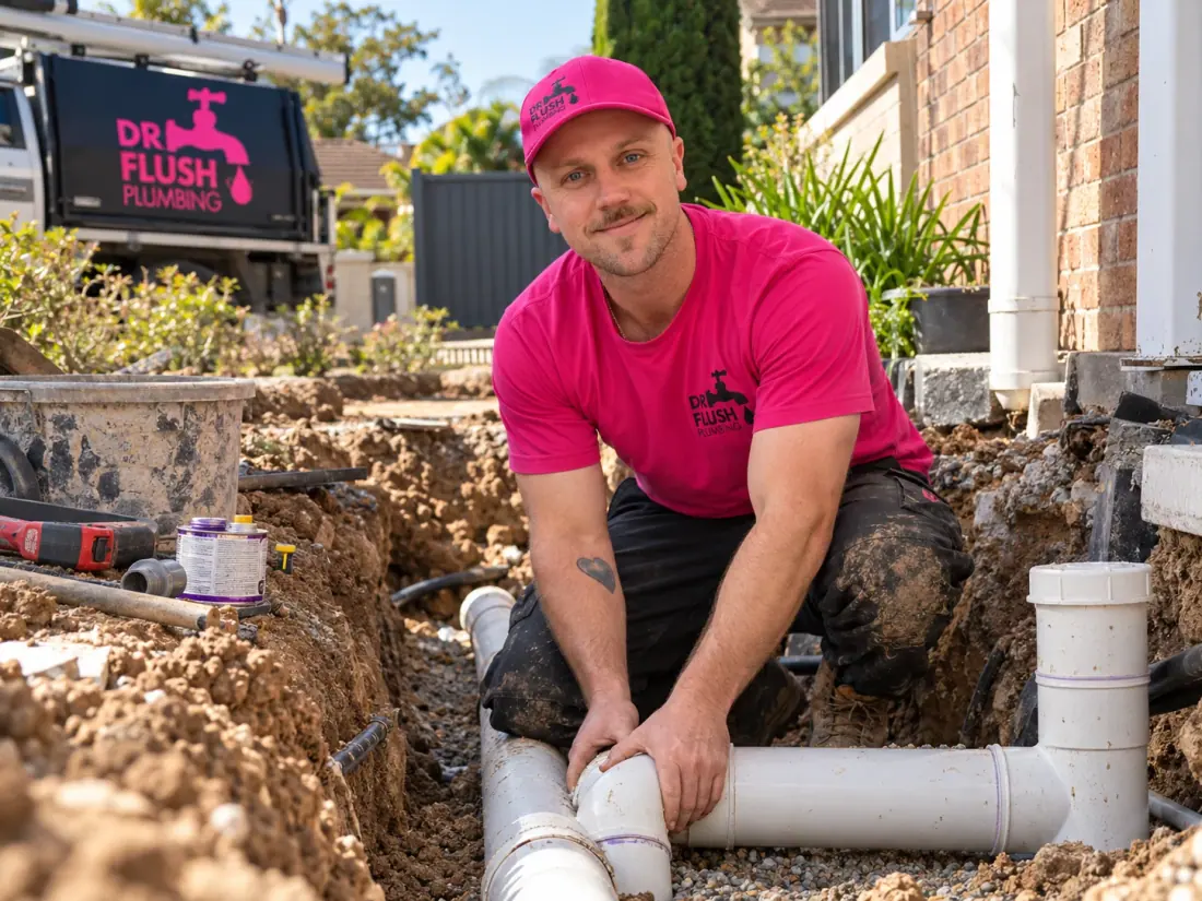 Mason repairing pipework in a trench