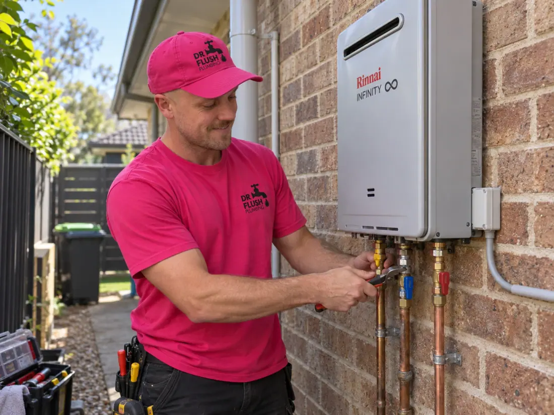 Mason from Dr Flush Plumbing installing a Rinnai continuous flow hot water system