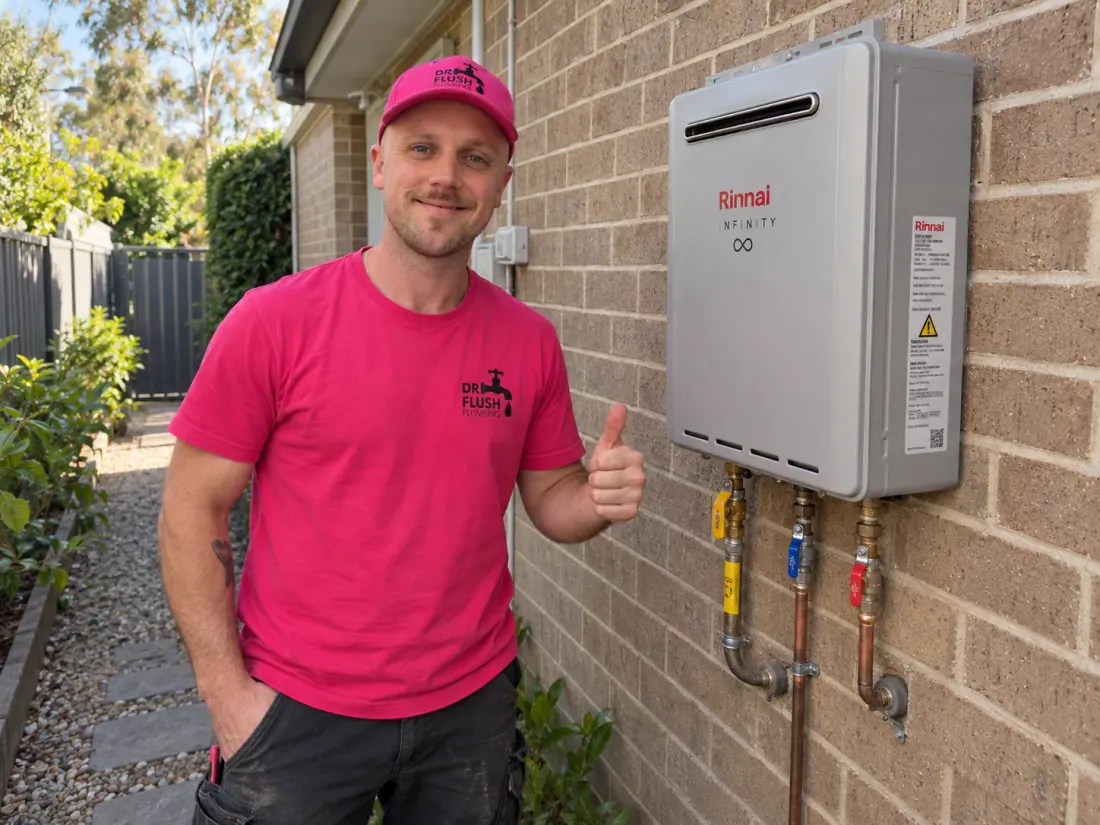 Mason beside a newly installed Rinnai continuous flow unit