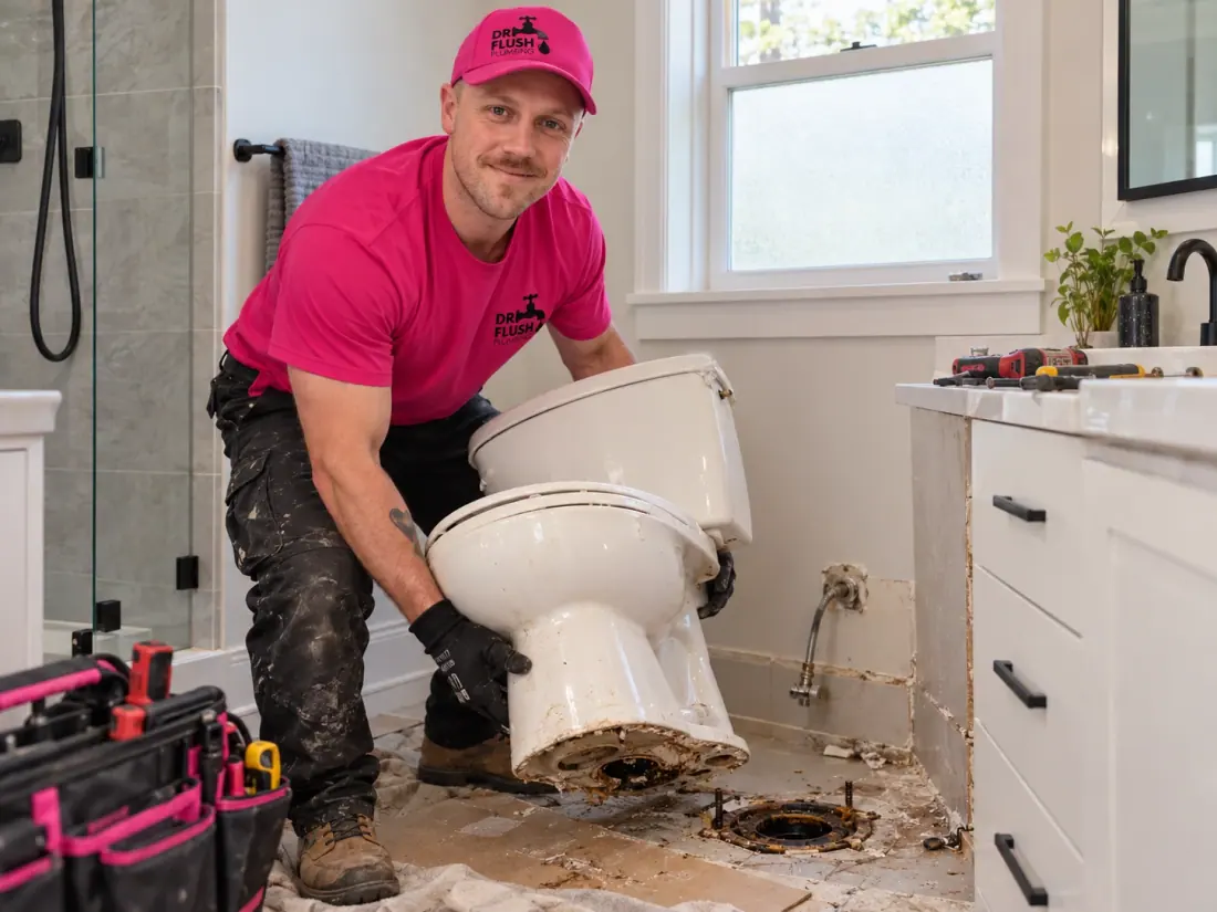 Mason from Dr Flush Plumbing removing an old toilet during a bathroom repair