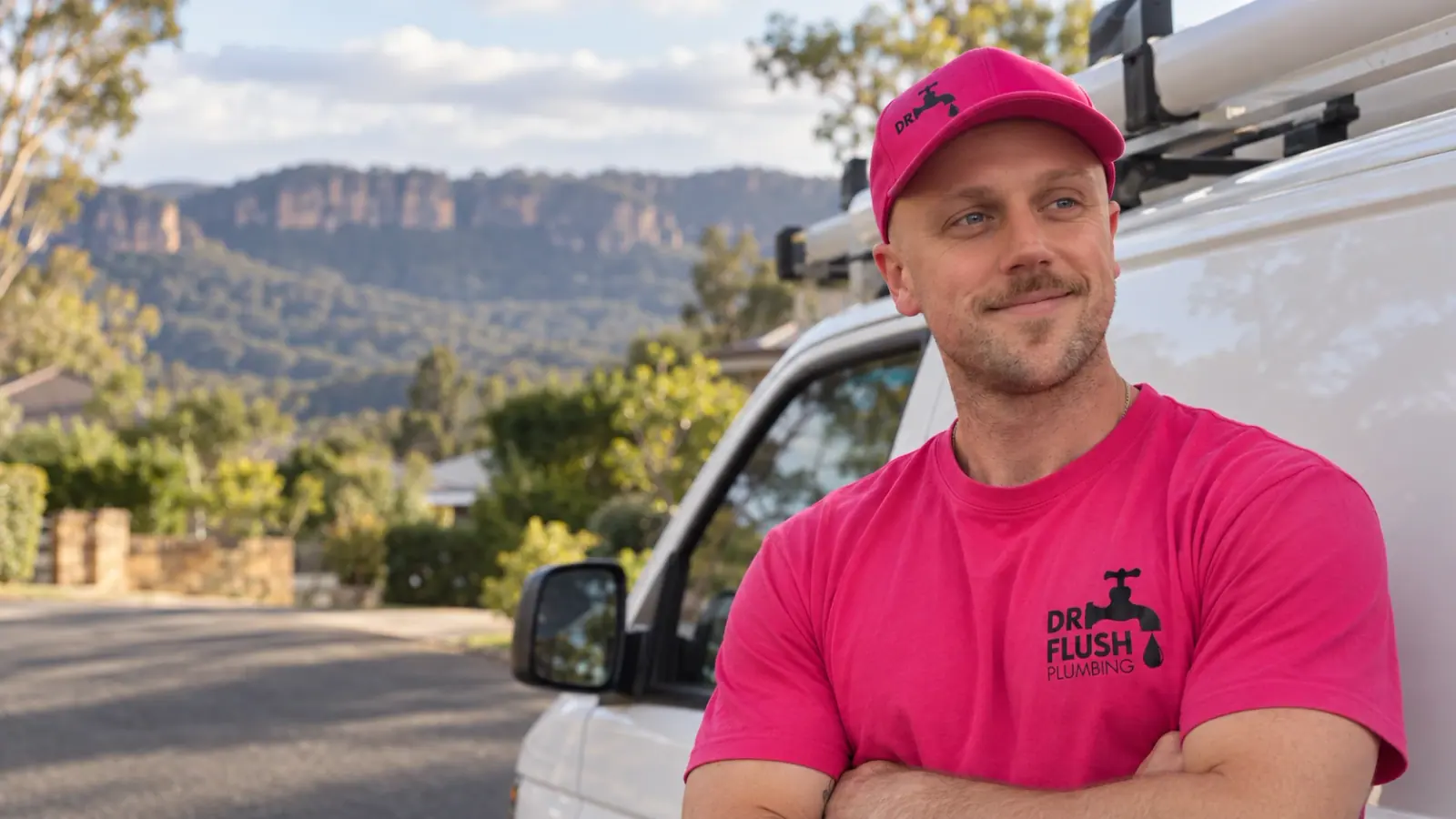 Mason from Dr Flush Plumbing standing by his van on a Blue Mountains street