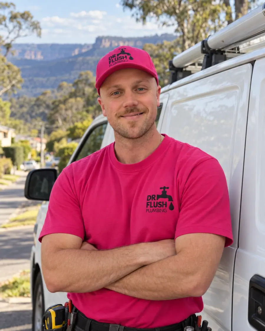 Mason from Dr Flush Plumbing standing beside the company van